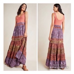 Anthropologie Coral and Purple Maxi Dress
